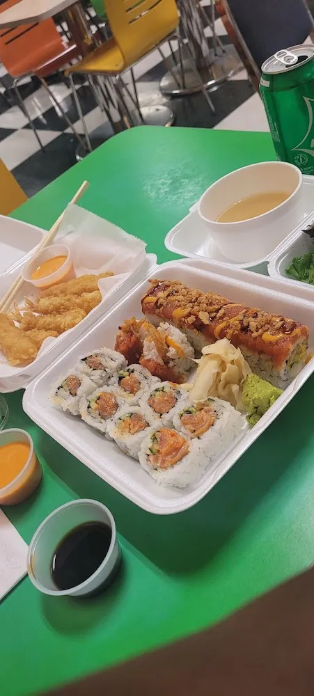 Fire Engine Roll Spicy Salmon Roll & Tempura Prawns